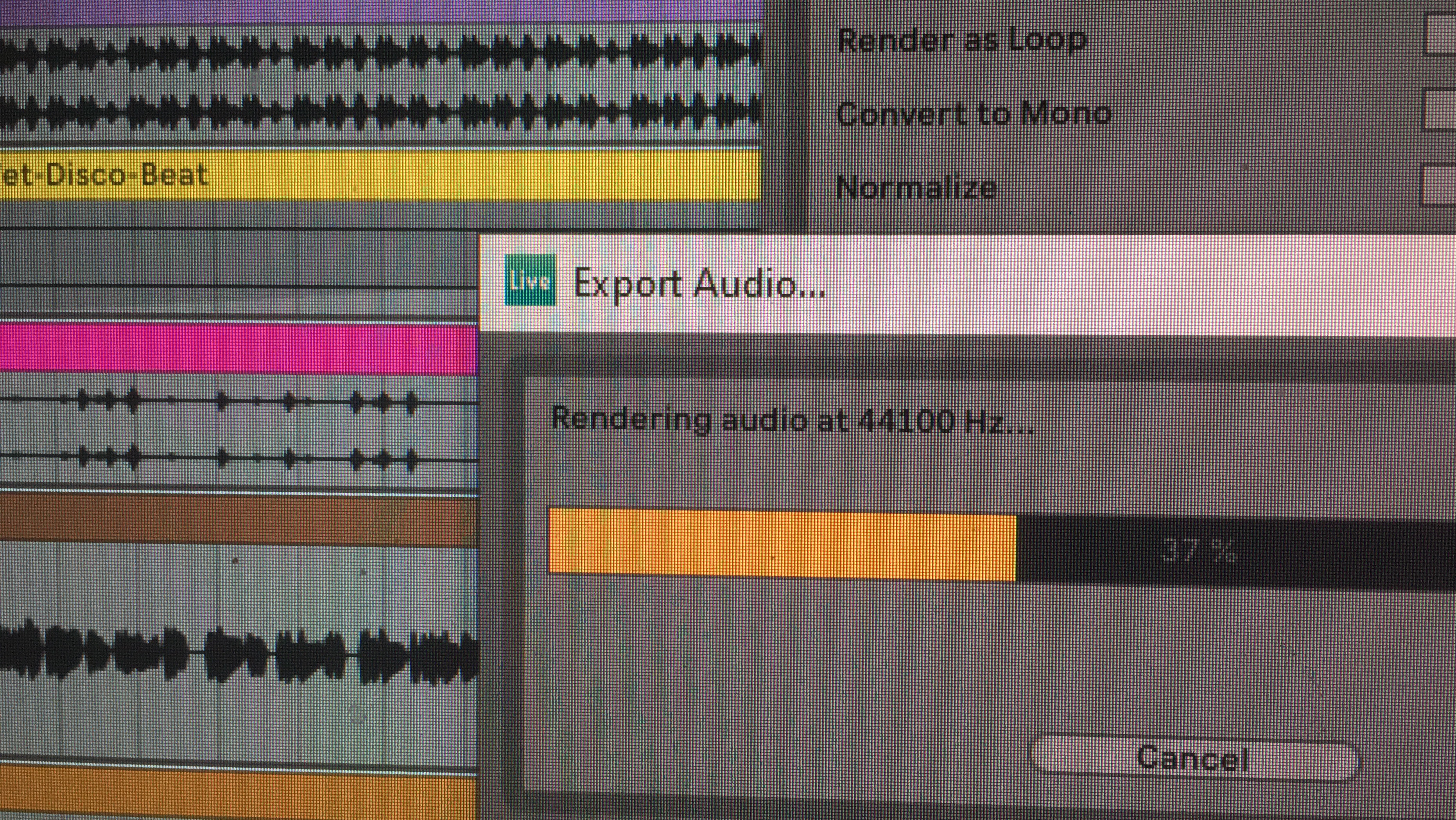 Screenshot of Ableton Live during an audio export session. Multiple colored tracks with distinct waveforms are visible, including one labeled 'Wet Disco Beat.' An export window displays options such as 'Render as Loop,' 'Convert to Mono,' and 'Normalize,' with the rendering progress set at 37% at 44100 Hz and a 'Cancel' button present at the bottom.